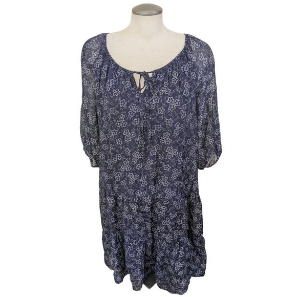 ROSEMARINE Silk Blend Dress XL Blue White Floral Tiered Boho Hobo Prairie Italy - Picture 1 of 6